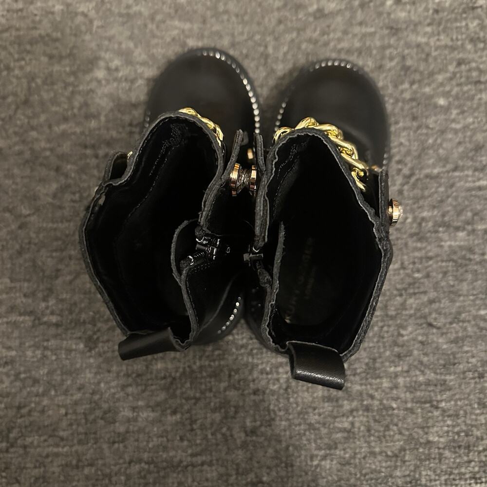 Kurt Geiger London Mini Bax Black Leather Chain Combat Boots Gold Crystal 24/8M - Picture 5 of 7